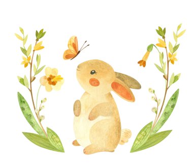 Kelebekli ve çiçekli şirin Paskalya Tavşanı. Paskalya ya da çocuk temalı doğum günü kartı şablonu. İçinde tavşan ve bahar çiçekleri var. Kartlar, posterler, pankartlar için suluboya tırmanışı