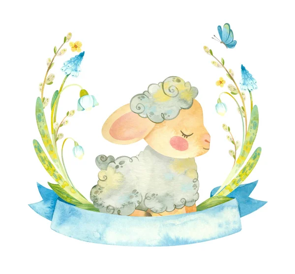 Cute lamb with blue ribbon and flower wreath. Easter or children\'s themed birthday card template with a sheep and spring flowers. Watercolor clipart for cards, posters, banners