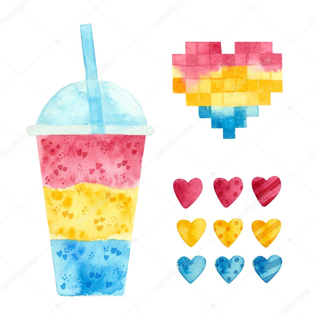 Pansexual pride - watercolor clipart. LGBT art, rainbow elements for pansexual stickers, posters, cards. Pan pride