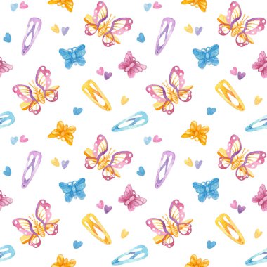 Retro pürüzsüz desen. 90 'ların oyuncakları, kelebek saç tokaları, saç tokaları, kalpler. Beyaz arkaplanda suluboya kız klibiName.