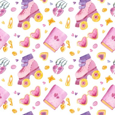 Retro pürüzsüz desen. 90 'ların oyuncakları, kalp şeklinde bardaklar, patenler, aşk kolyesi, şekerler, saç tokaları. Beyaz arkaplanda suluboya kız klibiName.