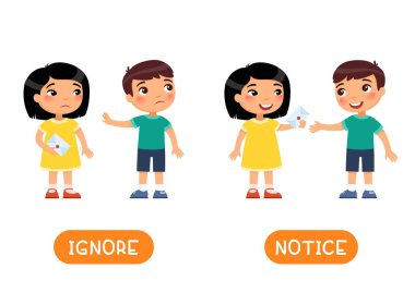 IGNORE ve Bilgilendirme Zıt kavramlar kelime kartı. İngilizce öğrenmek için flashcard. Çok ırklı çizgi film karakterleri. Küçük kız bir arkadaşına mektup verir.