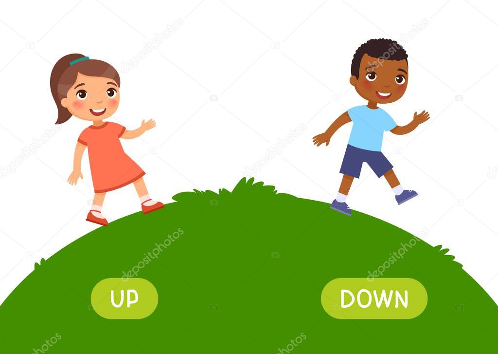 Opposites concept, UP and DOWN. Word card for English language learning. Little  European girl goes up the hill, African boy goes down. Flashcard with antonyms for children.