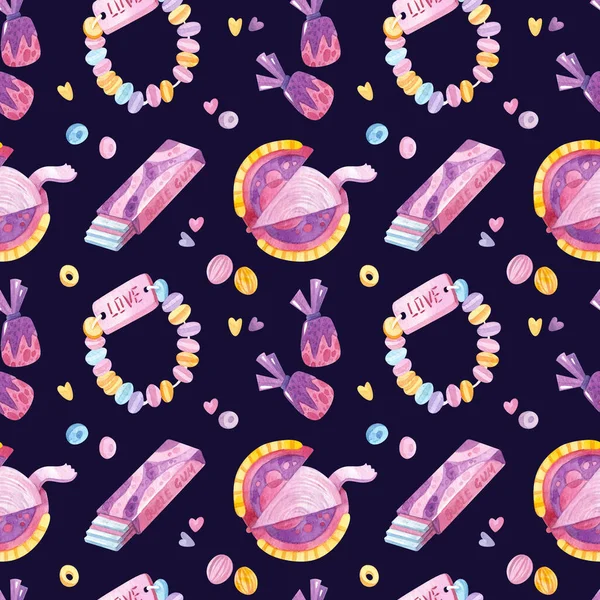 Retro Seamless Pattern 90S Toys Bubble Gum Sweets Candies Watercolor — Stock Photo, Image