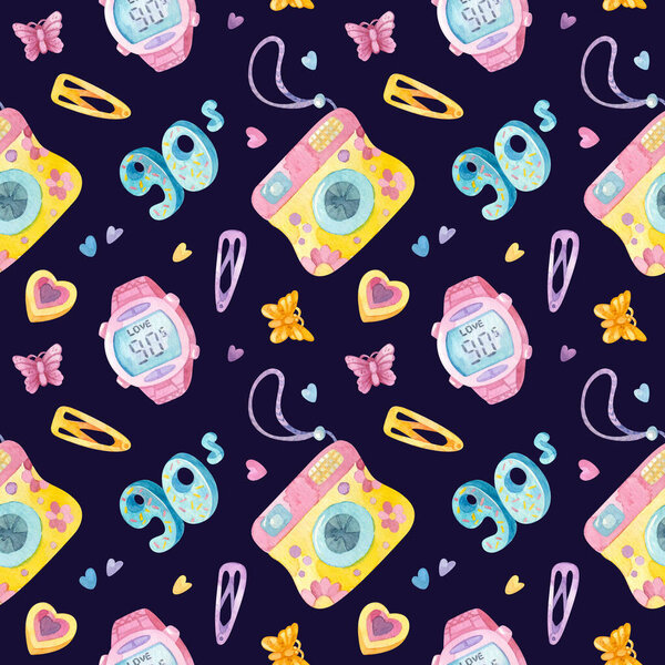 Retro seamless pattern. 90s toys, camera, hairpins, children's wrist watch. Watercolor girlish clipart on dark background.