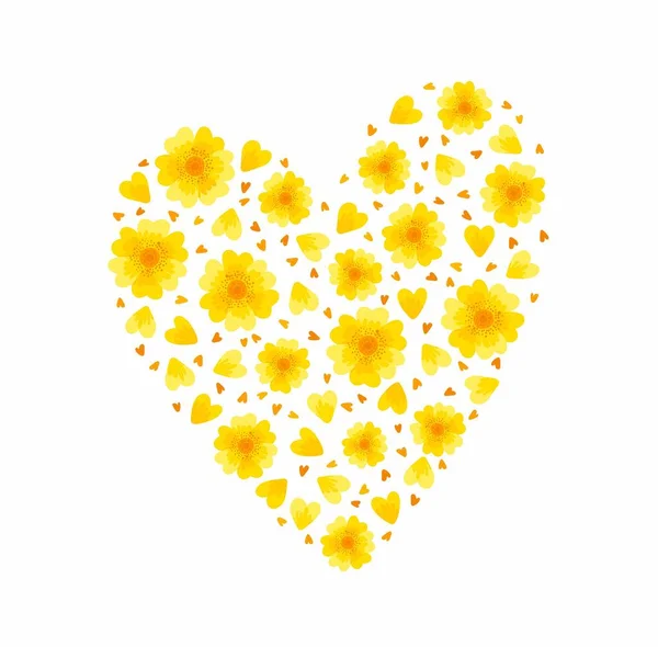 Κίτρινη Λουλουδένια Καρδιά Άνοιξη Λουλούδια Ανθίζει Και Πέταλα Λευκό Φόντο — Διανυσματικό Αρχείο