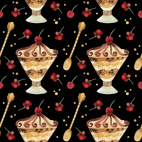 シームレスなパターン 黒の背景に果実と水彩アイスクリーム 製品の切断 プレミアムデザートフード 手描きイラスト — ストック写真