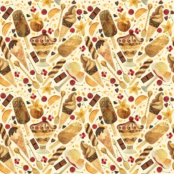 Patrón Sin Costuras Helado Acuarela Sobre Fondo Beige Clipart Del — Foto de Stock