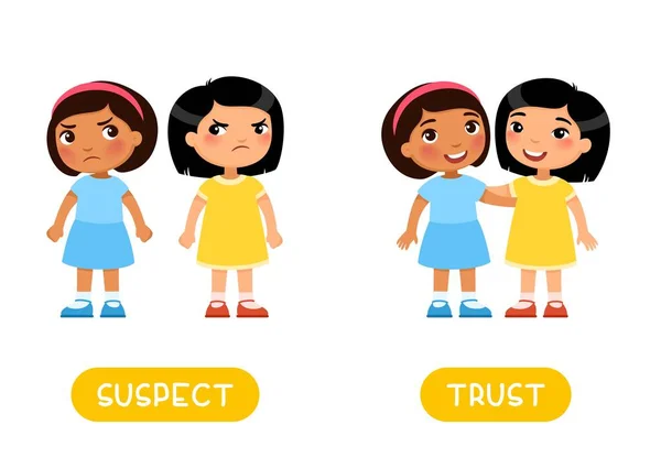 Suspect Trust Antonyms Flashcard Opposites Concept Карточка Слова Изучения Английского — стоковый вектор