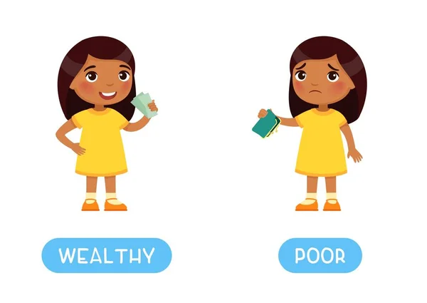 Wealth和Poor反义词词卡片 对立面概念 学习英语的卡片 手里拿着钞票的印度女孩 手里拿着空钱包的黑皮肤的孩子 — 图库矢量图片