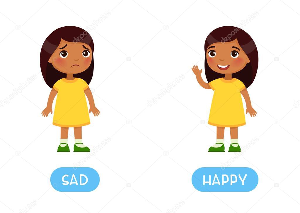 Opposites concept, HAPPY and SAD. Childish word card with antonyms. Flash card for foreign language with little child. Smiling and unhappy Indian girls.