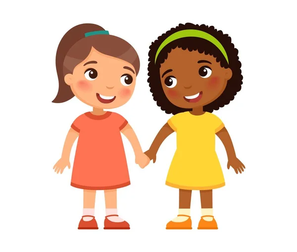 Két Multiracionális Kislány Fogja Egymás Kezét Rajzfilmfigurák Mosolygó Gyerekek Barátság — Stock Vector