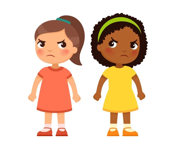 Két Multiracionális Kislány Gonoszul Néz Egymásra Rajzfilmfigurák Dühös Gyerekek Ellenségeskedés — Stock Vector