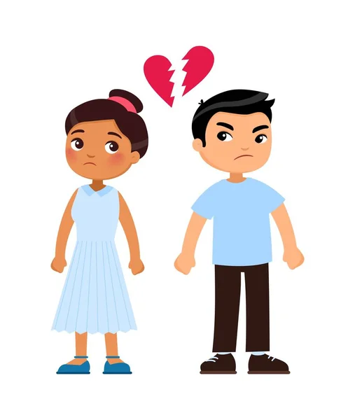 离婚的概念 多种族夫妻 深色皮肤的妻子和亚洲丈夫吵架 卡通人物 — 图库矢量图片