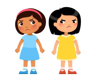 İki çok ırklı küçük kız birbirlerine vahşice bakıyor, çizgi film karakterleri. Kızgın çocuklar, düşmanlık ya da rekabet konsepti. Vektör illüstrasyonu.