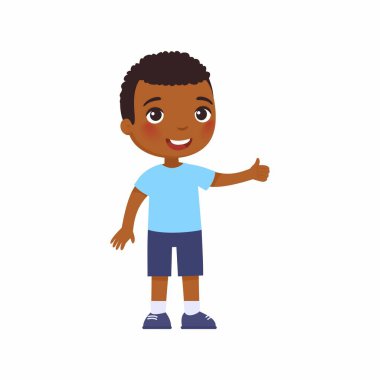 Sevimli Afrikalı çocuk başparmak işareti yapıyor. Mutlu küçük çocuk, gülümseyen koyu tenli çocuk, çocuk çizgi film karakteri.