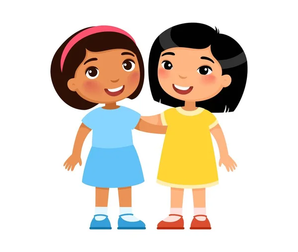 Duas Meninas Multirraciais Abraçando Personagens Desenhos Animados Miúdos Sorridentes Conceito — Vetor de Stock