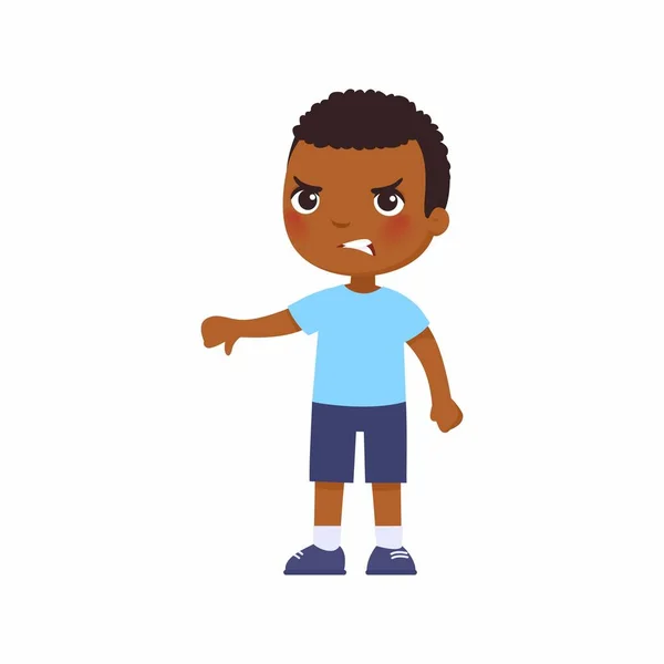 Liten Afrikansk Pojke Som Visar Tummen Neråt Upprörd Mörk Hud — Stock vektor