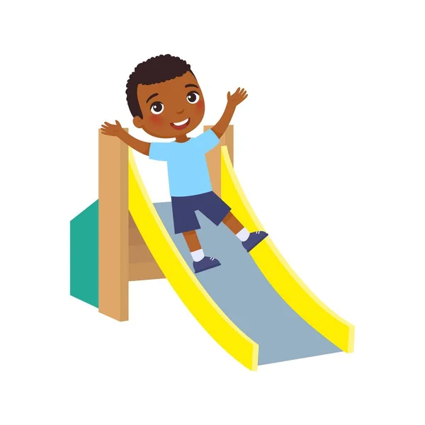 Happy African Little Boy Slides Children Slide Niño Alegre Piel — Vector de stock