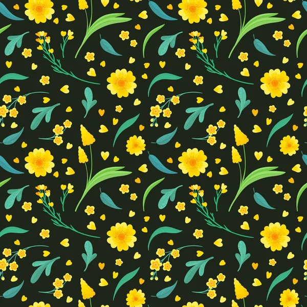 Fleurs Jaunes Feuilles Motif Sans Couture Fleurit Fond Décoratif Floral — Image vectorielle