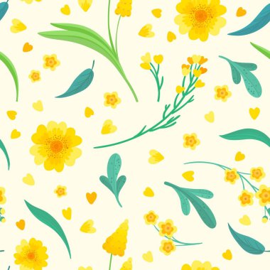 Sarı çiçekler ve pürüzsüz desenler. Çiçek açan çiçeklerin dekoratif arka planı. Çiçek açan bahar bitkileri. Bej bir arka planda klasik tekstil, kumaş, duvar kağıdı tasarımı