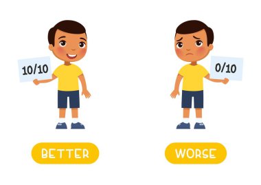Daha iyi ve daha kötü kelime karşıtlığı, zıt kavram. İngilizce öğrenmek için flashcard. Üzgün esmer tenli çocuk elinde minimum neticeli bir çarşaf tutuyor ve mutlu bir çocuk maksimum sonuç veriyor..