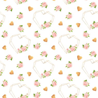 Pink roses hearts, seamless pattern. Flowers, buds and rose petals. Floral romantic background in vintage style for Valentines Day or wedding. Watercolor clipart.