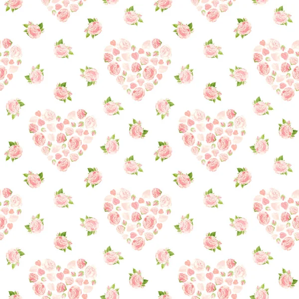 Pink Roses Hearts Seamless Pattern Flowers Buds Rose Petals Floral — Zdjęcie stockowe