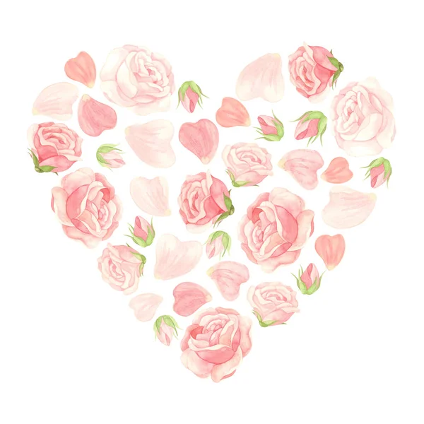 Różowe Róże Serce Kwiatami Pączkami Płatkami Szablon Kwiatowy Zaproszenia Weselne — Zdjęcie stockowe