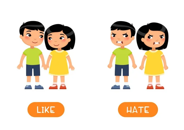 Hate Antónimos Word Card Concepto Opuesto Flashcard Para Aprendizaje Del — Archivo Imágenes Vectoriales