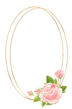 Pembe güller ve altın geometrik çerçeveli dikey çerçeve. Düğün davetiyeleri için çiçek şablonu, Sevgililer Günü kartpostalları, posterler, afişler. Beyaz arkaplanda suluboya klibiName