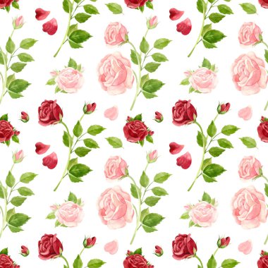 Pembe ve kırmızı güller pürüzsüz desen. Çiçekler, tomurcuklar ve gül yaprakları. Klasik tarzda çiçek arkaplanı. Suluboya Clipart.