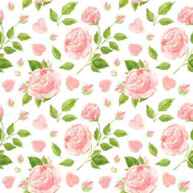 Pembe güller pürüzsüz desen. Çiçekler, tomurcuklar ve gül yaprakları. Klasik tarzda çiçek arkaplanı. Suluboya Clipart.