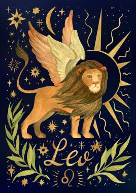 Leo Zodiac işareti, Astroloji posterleri. Doğum günü hediyeleri için dikey basılabilir duvar sanatı. Büyük boyut, karanlık gökyüzü arka planında suluboya zirvesi