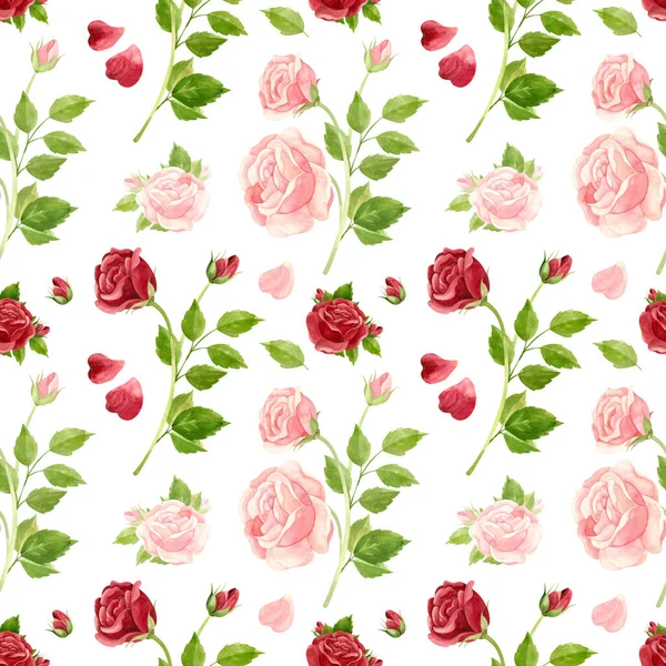 Różowe Czerwone Róże Bez Szwu Wzór Kwiaty Pąki Płatki Róż — Zdjęcie stockowe