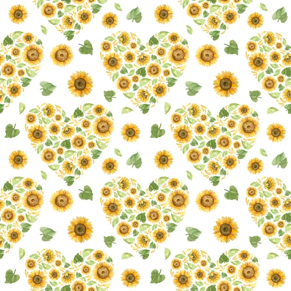 Sonnenblumen Herzen Nahtlose Muster Für Hochzeitsdekoration Romantische Aquarell Cliparts — Stockfoto