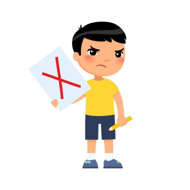 Huysuz küçük Asyalı çocuk reddedilmenin sembolü olarak kağıda kırmızı bir haç çizdi. Protesto eden çocuk, psikoloji. Çizgi film karakteri