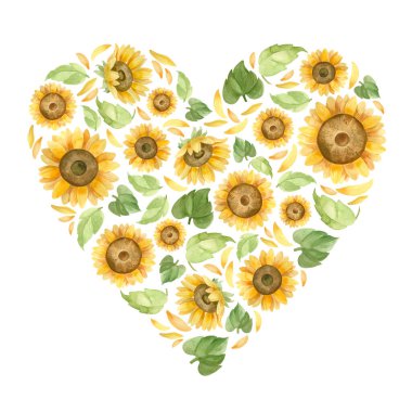 Ayçiçekli kalp. Düğün davetiyesi şablonu. Romantik suluboya klibi.