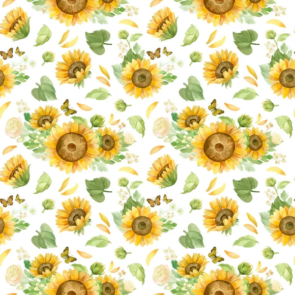 Sunflowers White Roses Chrysanthemums Floral Seamless Pattern Watercolor Clipart White — Stock Photo, Image