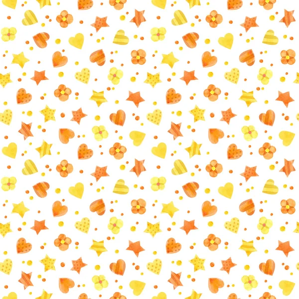 Seamless Pattern Yellow Orange Hearts Stars Cute Watercolor Clipart Children — Stock Photo, Image