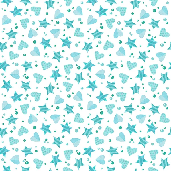 Bezproblémový Vzor Modrými Srdci Hvězdami Roztomilé Akvarel Kliparty Pro Dětské — Stock fotografie