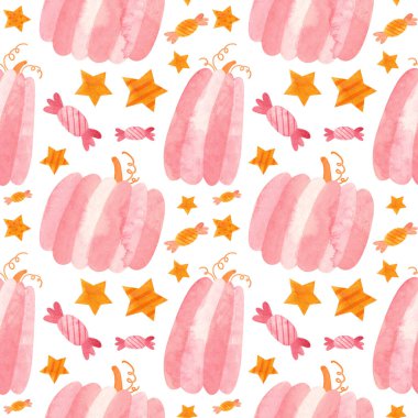 Pembe balkabaklı, kusursuz bebek Cadılar Bayramı deseni. Beyaz arkaplan üzerine sevimli dijital yapıştırma kitabı.