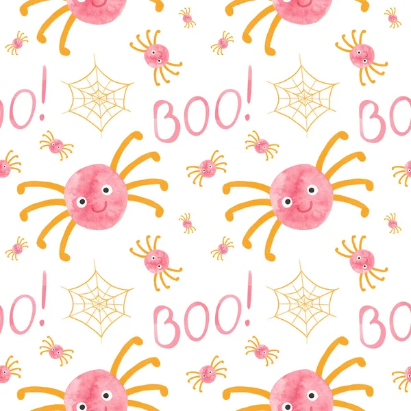 Pembe örümcekler ve turuncu örümcek ağları olan çocuklar için Cadılar Bayramı kusursuz desen. Beyaz arkaplan üzerine sevimli dijital yapıştırma kitabı.