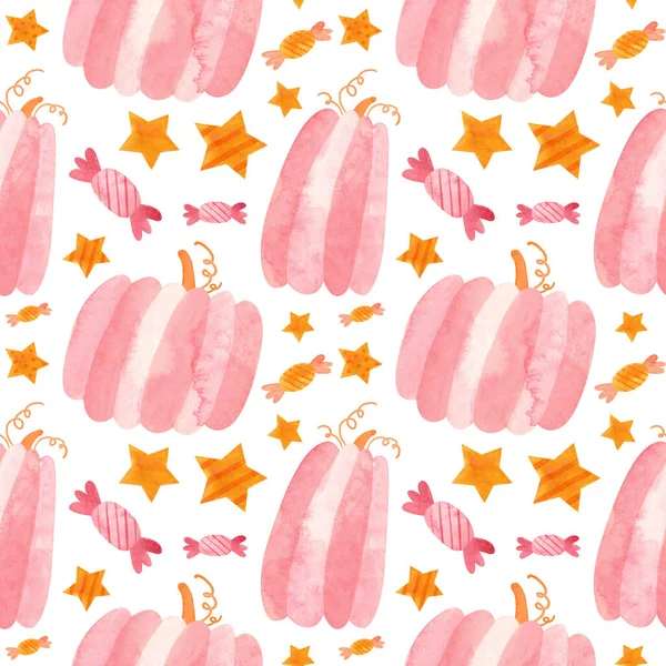 Pembe balkabaklı, kusursuz bebek Cadılar Bayramı deseni. Beyaz arkaplan üzerine sevimli dijital yapıştırma kitabı.