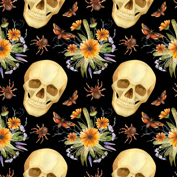 Halloween seamless pattern with watercolor skulls, butterflies and gothic flower arrangements. Spooky digital scrapbooking paper on black background.