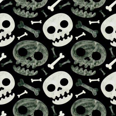 Kafatasları ve kemikleri olan kusursuz bir cadılar bayramı şekli. Siyah arkaplan üzerine ürkütücü dijital yapıştırma kitabı.