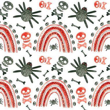 Kırmızı kafatasları, örümcekler ve gökkuşağı desenli cadılar bayramı. Beyaz arkaplan üzerine ürkütücü dijital yapıştırma kitabı.