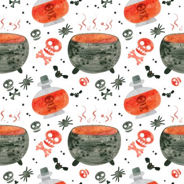 Kırmızı kafatasları, kazan ve cadı iksirleriyle cadılar bayramı kusursuz deseni. Beyaz arkaplan üzerine ürkütücü dijital yapıştırma kitabı.