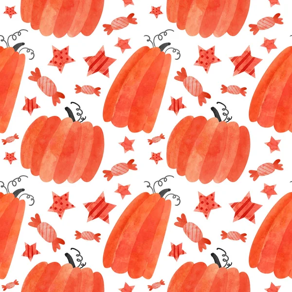 Nahtloses Muster Halloween Mit Roten Kürbissen Und Süßigkeiten Gespenstisches Digitales — Stockfoto