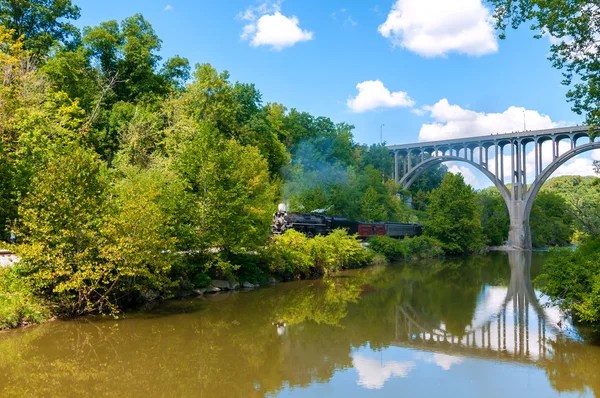 Dampfzug auf dem Fluss — Stockfoto